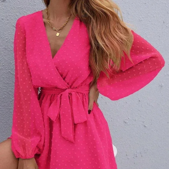 Pink Boho Womens Surplice Neck Lantern Sleeve Belted Swiss Dot Chiffon … - Picture 4 of 5